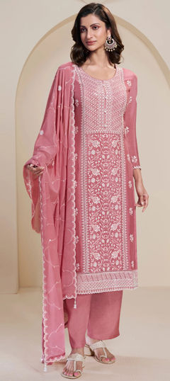 Purple and Violet color Salwar Kameez in Chinon Silk fabric with Embroidered, Resham, Sequence work