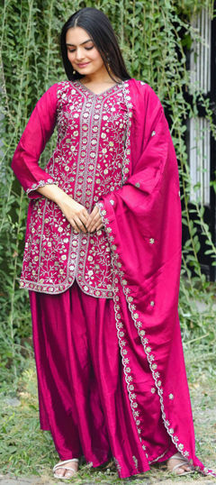 Pink and Majenta color Salwar Kameez in Chinon Silk fabric with Embroidered, Sequence work