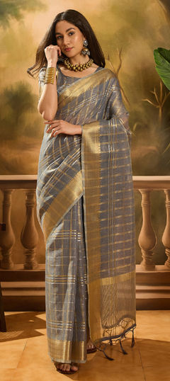 Black and Grey color Saree in Organza Silk fabric with Weaving, Zari work