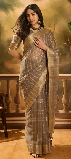 Beige and Brown color Saree in Organza Silk fabric with Weaving, Zari work