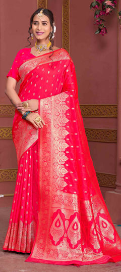 Red and Maroon color Saree in Art Silk fabric with Weaving, Zari work