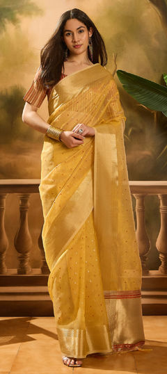 Yellow color Saree in Organza Silk fabric with Weaving, Zari work