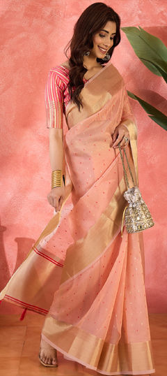 Pink and Majenta color Saree in Organza Silk fabric with Weaving, Zari work