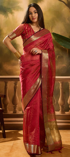 Red and Maroon color Saree in Organza Silk fabric with Weaving, Zari work