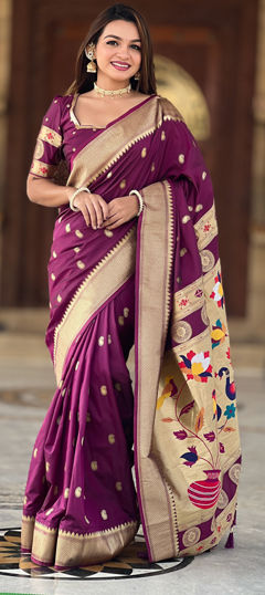Purple and Violet color Saree in Silk fabric with Weaving work