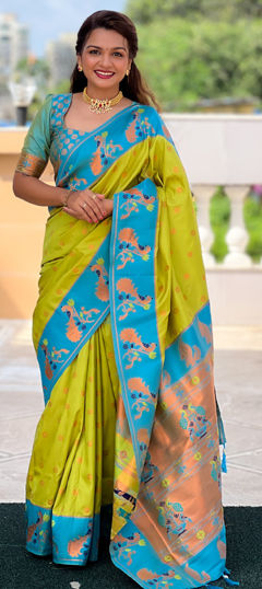 Green color Saree in Silk fabric with Weaving work