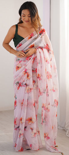White and Off White color Saree in Organza Silk fabric with Floral, Printed work