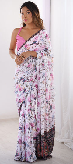 White and Off White color Saree in Chinon Silk fabric with Floral, Printed work