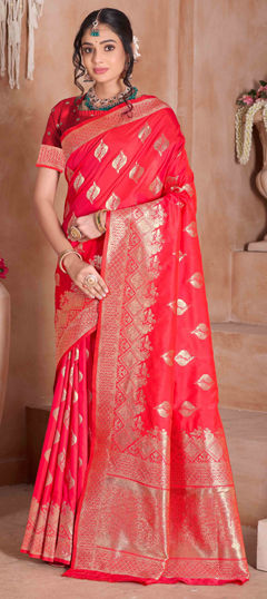 Red and Maroon color Saree in Art Silk fabric with Weaving, Zari work