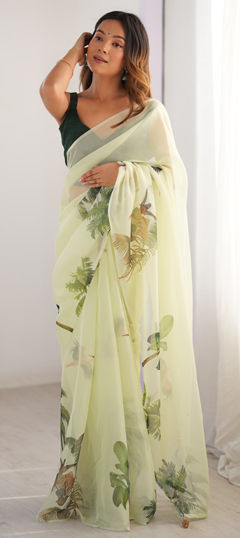 Green color Saree in Organza Silk fabric with Printed work