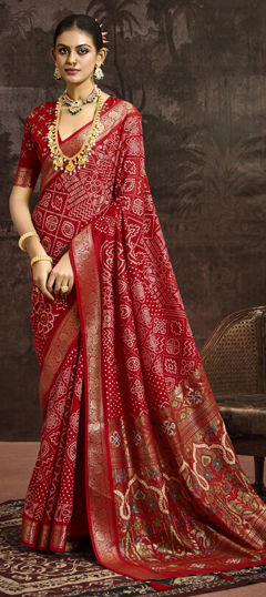 Red and Maroon color Saree in Silk fabric with Weaving work