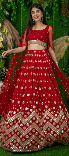Red and Maroon color Lehenga in Georgette fabric with Embroidered, Sequence, Thread, Zari work