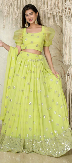Green color Lehenga in Georgette fabric with Embroidered, Sequence, Thread, Zari work