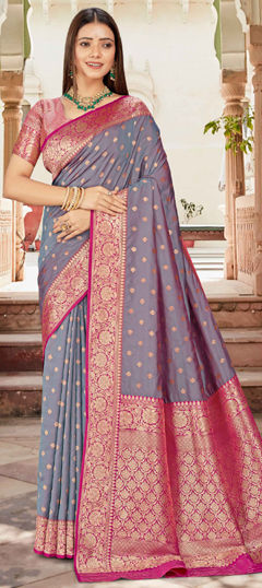 Black and Grey color Saree in Silk fabric with Weaving work