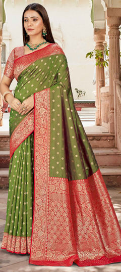 Green color Saree in Silk fabric with Weaving work