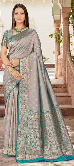 Silver color Saree in Silk fabric with Weaving work