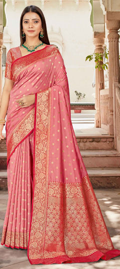 Pink and Majenta color Saree in Silk fabric with Weaving work