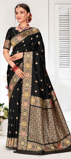 Black and Grey color Saree in Silk fabric with Weaving, Zari work