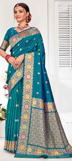 Blue color Saree in Silk fabric with Weaving, Zari work