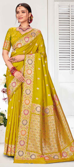 Yellow color Saree in Silk fabric with Weaving, Zari work
