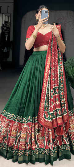 Yellow color Lehenga in Tussar Silk fabric with Foil Print, Printed work