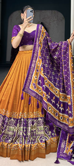 Black and Grey color Lehenga in Tussar Silk fabric with Foil Print, Printed work