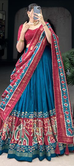 Blue color Lehenga in Tussar Silk fabric with Foil Print, Printed work