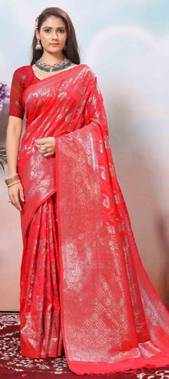Red and Maroon color Saree in Art Silk fabric with Weaving, Zari work