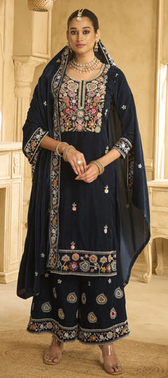 Blue color Salwar Kameez in Velvet fabric with Embroidered, Resham, Sequence work