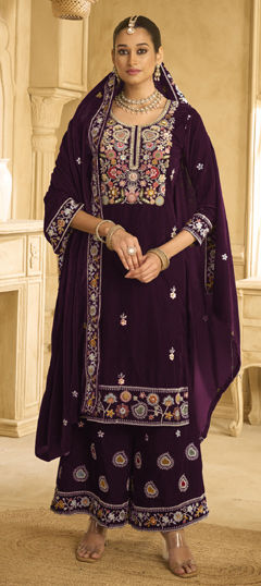 Purple and Violet color Salwar Kameez in Velvet fabric with Embroidered, Resham, Sequence work
