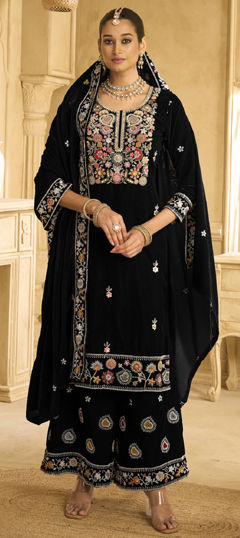Black and Grey color Salwar Kameez in Velvet fabric with Embroidered, Resham, Sequence work