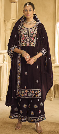 Beige and Brown color Salwar Kameez in Velvet fabric with Embroidered, Resham, Sequence work