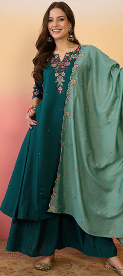 Green color Salwar Kameez in Art Silk fabric with Embroidered, Thread work