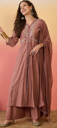 Beige and Brown color Salwar Kameez in Art Silk fabric with Embroidered, Thread work