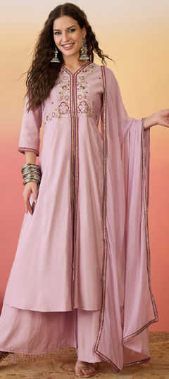 Pink and Majenta color Salwar Kameez in Art Silk fabric with Embroidered, Thread work