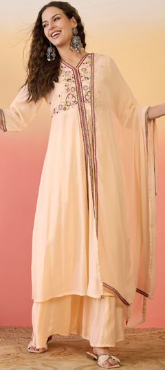 Pink and Majenta color Salwar Kameez in Art Silk fabric with Embroidered, Thread work
