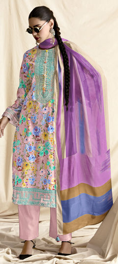 Pink and Majenta color Salwar Kameez in Lawn fabric with Digital Print, Embroidered, Floral, Resham work