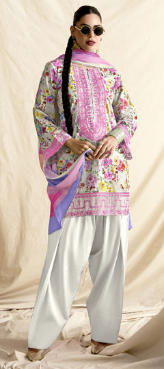 White and Off White color Salwar Kameez in Lawn fabric with Digital Print, Embroidered, Floral, Resham work