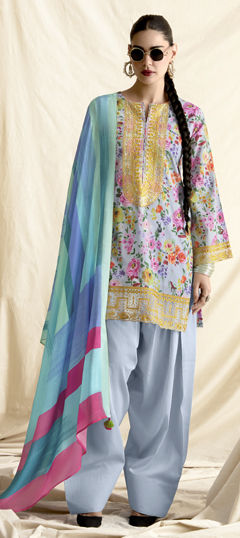 Blue color Salwar Kameez in Lawn fabric with Digital Print, Embroidered, Floral, Resham work