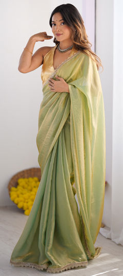 Green color Saree in Organza Silk, Satin Silk fabric with Lace work