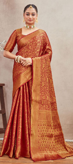 Red and Maroon color Saree in Blended, Silk fabric with Weaving, Zari work