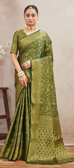 Green color Saree in Blended, Silk fabric with Weaving, Zari work