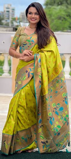 Green color Saree in Silk fabric with Weaving work