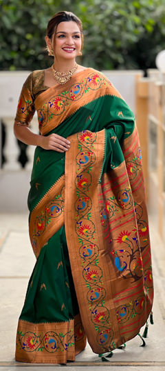 Green color Saree in Silk fabric with Weaving work