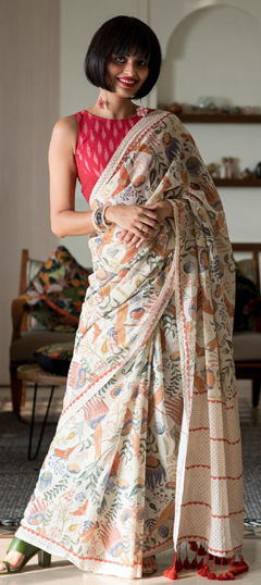 White and Off White color Saree in Cotton Flex fabric with Printed work