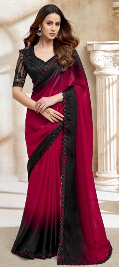 Pink and Majenta color Saree in Satin Silk fabric with Embroidered, Lace, Sequence, Thread work