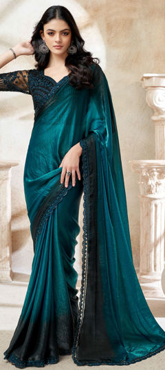Blue color Saree in Satin Silk fabric with Embroidered, Lace, Sequence, Thread work
