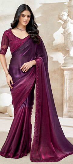 Purple and Violet color Saree in Satin Silk fabric with Embroidered, Lace, Sequence, Thread work