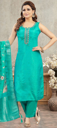 Blue color Salwar Kameez in Silk fabric with Sequence, Thread work