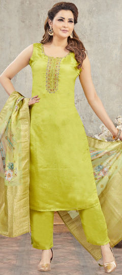 Green color Salwar Kameez in Silk fabric with Sequence, Thread work